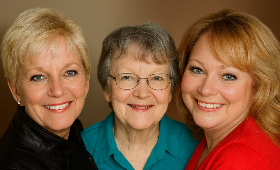 Trish Adcock-red, wth her sister and mom
